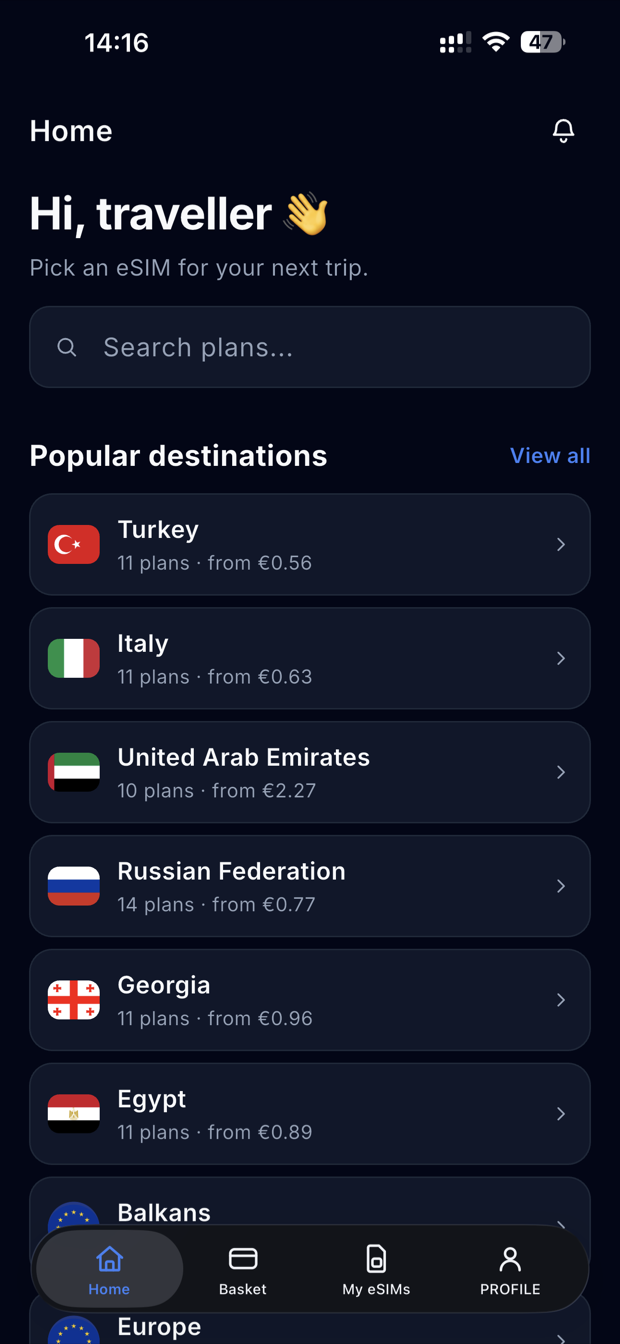 LimitSİM app — eSIM plans